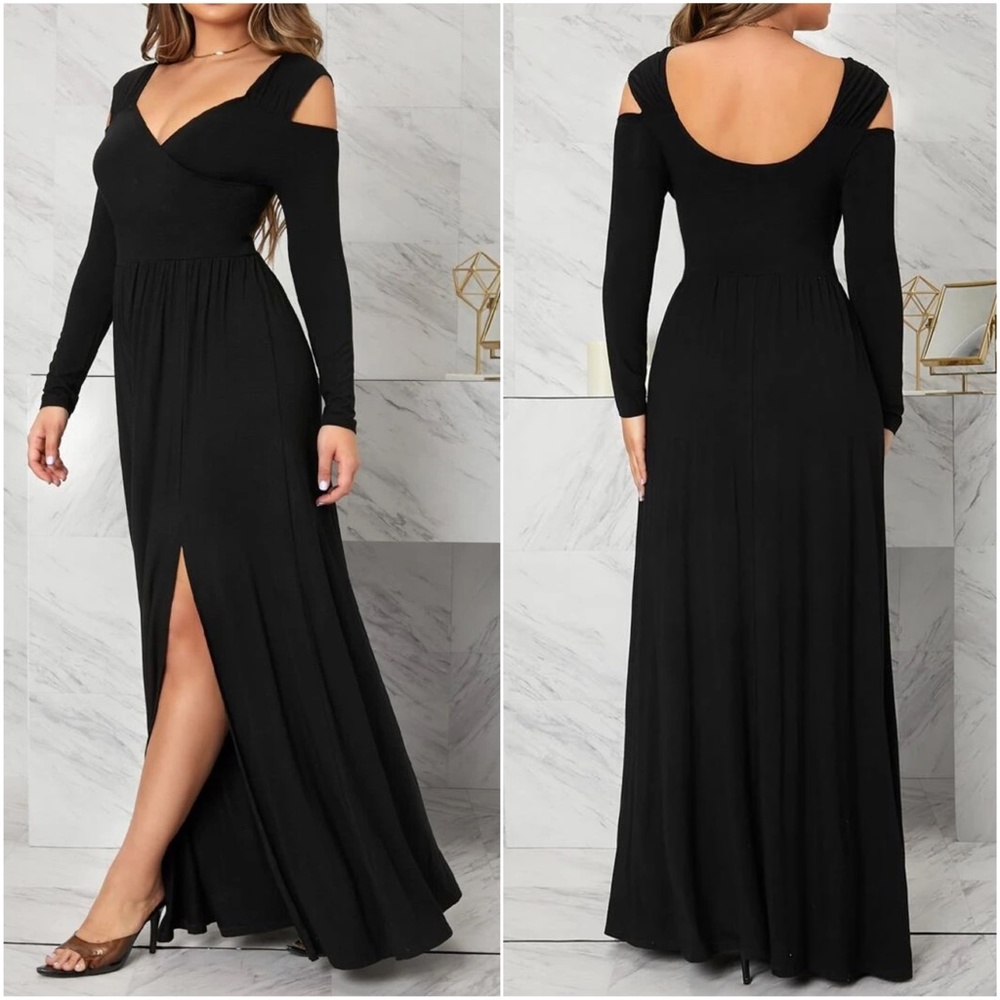 Luxe Black Cold Shoulder Flowy Party Evening maxi Dress - Picture 2 of 2
